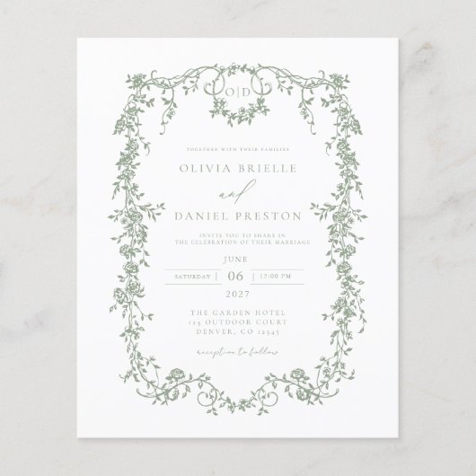 Budget Victoriaans Sage Green Wedding Invitation Flyer (Voorkant)