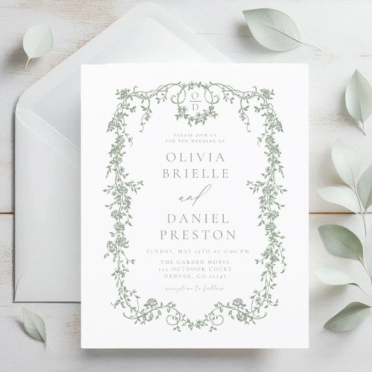 Budget Victoriaans Sage Green Wedding Invitation Flyer