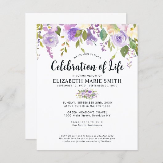 Budget Viering van het leven Paarse Bloemen Begraf (Voorkant / Achterkant)