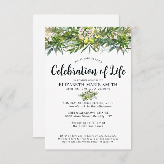 Budget Viering van Leven Groen Overlijdensmonument Notitiekaartje (Voorkant / Achterkant)