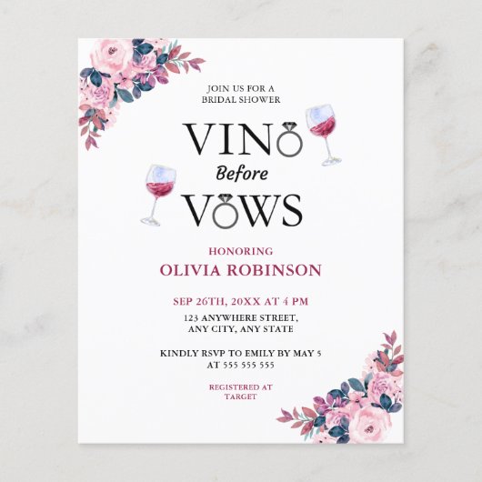 Budget Vino voor geloften bruids douche uitnodigin Flyer (Voorkant)