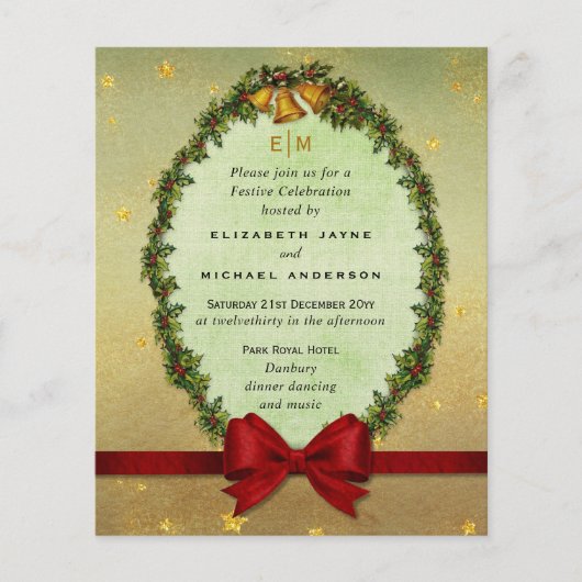 Budget Vintage Kerstvakantie rood Goud Uitnodiging (Voorkant)