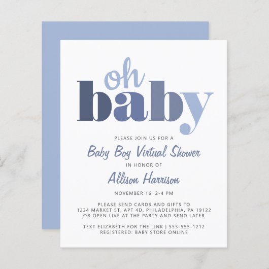 Budget Virtual Baby Boy Shower Oh Baby uitnodiging (Voorkant / Achterkant)