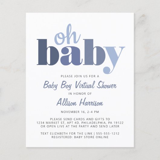 Budget Virtual Baby Boy Shower Oh Baby uitnodiging (Voorkant)