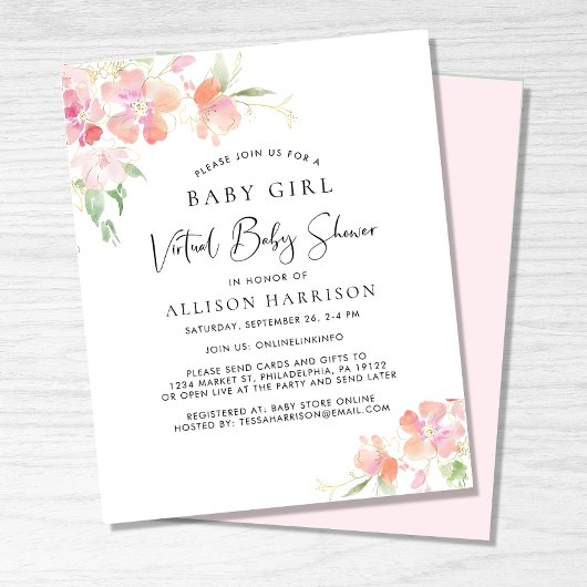 Budget Virtual Baby Girl Shower Floral Uitnodiging