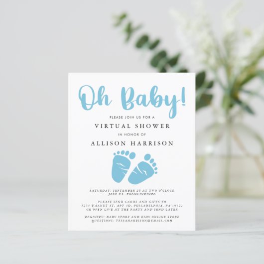 Budget Virtual Baby shower Blue Feet Invitation (Staand voorkant)