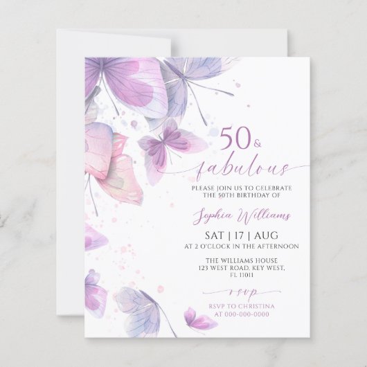 Budget Vlinder 50 & Fabulous Verjaardagsuitnodigin (Voorkant)