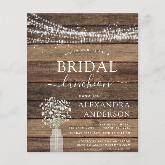 Budget Vrijgezellenfeest Luncheon Rustic Uitnodigi Flyer (Voorkant)