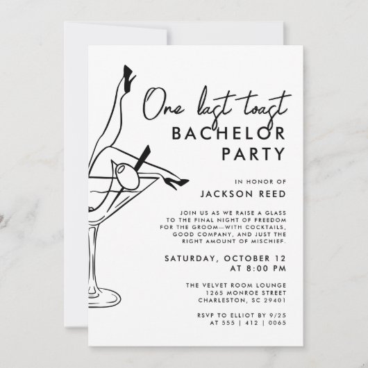 Budget vrijgezellenfeest zwart-wit Martini Kaart (Voorkant)