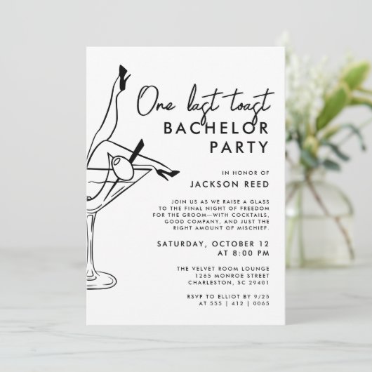 Budget vrijgezellenfeest zwart-wit Martini Kaart (Staand voorkant)