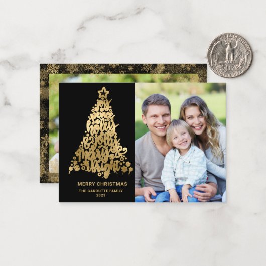 Budget Vrolijk kerstfeest 2 foto goud Notitiekaartje (Voorkant / Achterkant in situ)