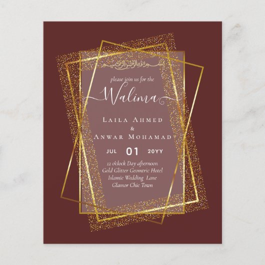 Budget Walima Moslim Huwelijk Gouden Lijst Uitnodi Flyer (Voorkant)
