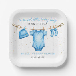 Budget waslijn blauwe jongen babyshower uitnodigin papieren bordje