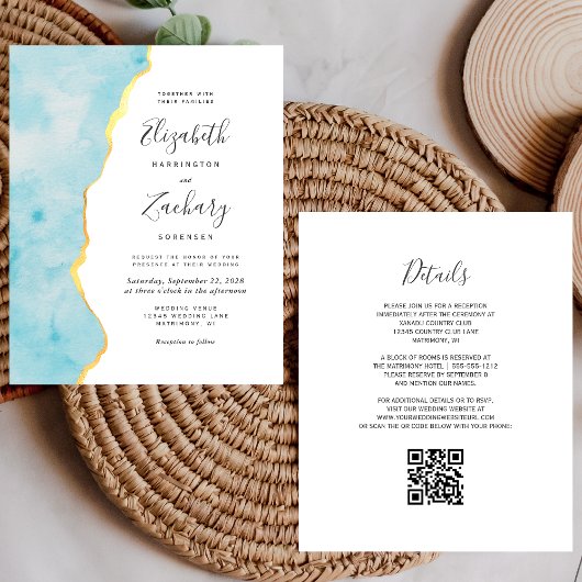 Budget Watercolor Aqua Blue Agate QR Code Wedding