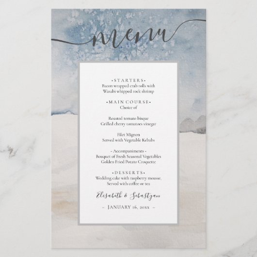 Budget Watercolor Winter Blau Zilver Trouw Menu (Voorkant)