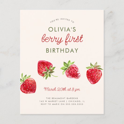 Budget Waterverf Aardbeienbessen Eerste Verjaardag (Voorkant)