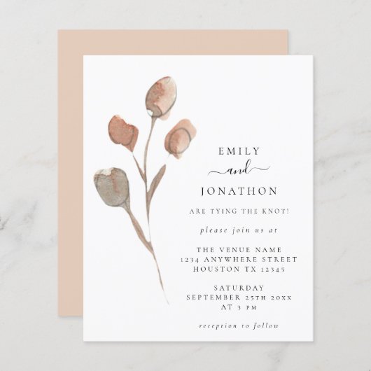 Budget Waterverf Artsy Leaf Wedding Invite (Voorkant / Achterkant)