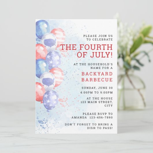 Budget Waterverf Ballonnen Vier Juli BBQ Kaart (Staand voorkant)
