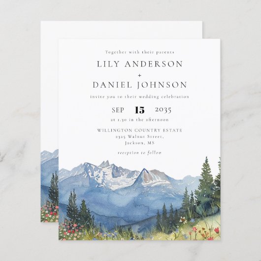 Budget Waterverf Berg Huwelijksuitnodiging (Voorkant / Achterkant)