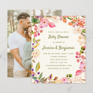 Budget Waterverf Bloemen Baby shower Foto uitnodig