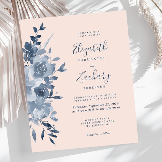 Budget Waterverf Bloemige Stofblauwe Blush Bruilof