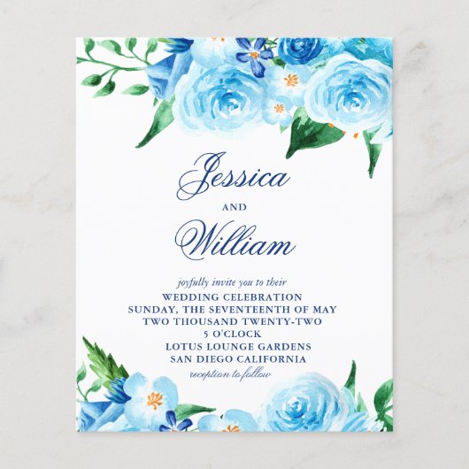 Budget Waterverf Blue Floral Weddenschap (Voorkant)