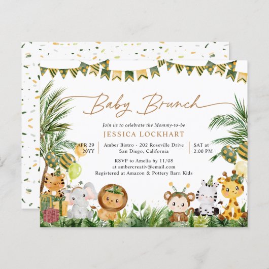 Budget Waterverf Dieren Baby Brunch Invitation (Voorkant / Achterkant)