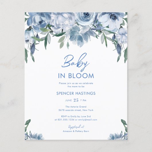 Budget Waterverf Dusty Blue Floral Baby shower Flyer (Voorkant)
