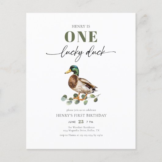 Budget Waterverf Een Lucky Duck Boy 1e Verjaardag Flyer (Voorkant)