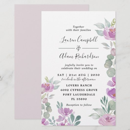 Budget Waterverf Eucalyptus Pink Wedding Uitnodigi (Voorkant / Achterkant)