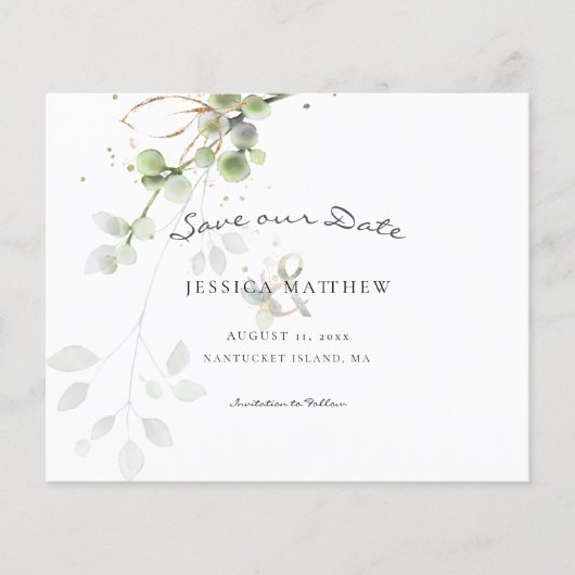 Budget Waterverf Eucalyptus Save The Date Kaart (Voorkant)