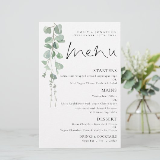 Budget Waterverf Eucalyptus Weddenschap Menu (Staand voorkant)