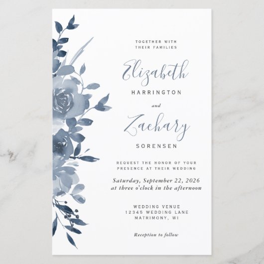 Budget Waterverf Floral Dusty Blue Wedding Invite (Voorkant)