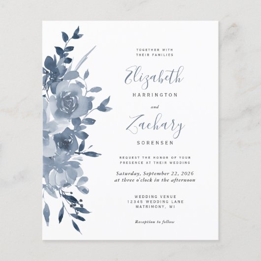 Budget Waterverf Floral Dusty Blue Wedding Invite (Voorkant)