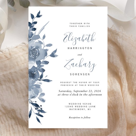 Budget Waterverf Floral Dusty Blue Wedding Invite