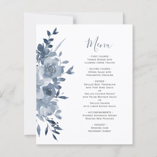 Budget Waterverf Floral Dusty Blue Wedding Menu (Voorkant)