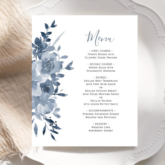 Budget Waterverf Floral Dusty Blue Wedding Menu