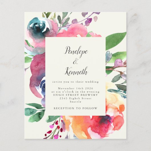 Budget Waterverf Floral Elegant Script Wedding (Voorkant)