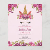 BUDGET Waterverf Floral Unicorn roze uitnodiging (Voorkant)