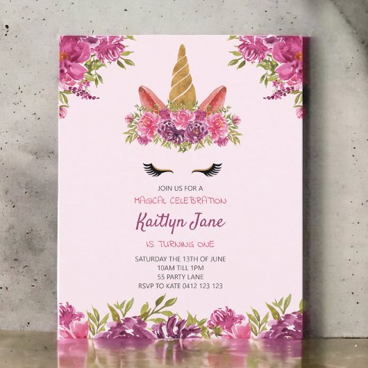 BUDGET Waterverf Floral Unicorn roze uitnodiging
