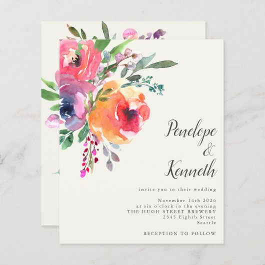 Budget Waterverf Flowers Elegant Script Wedding (Voorkant / Achterkant)