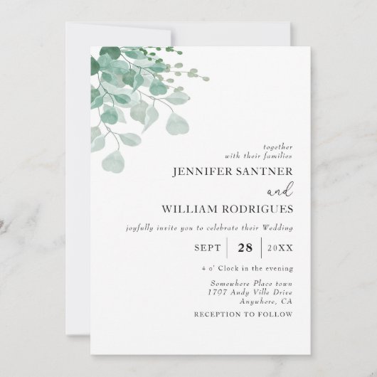Budget Waterverf Groene Eucalyptus Bruiloft Kaart (Voorkant)