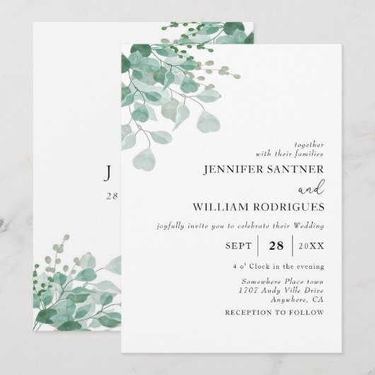 Budget Waterverf Groene Eucalyptus Bruiloft Kaart (Voorkant / Achterkant)