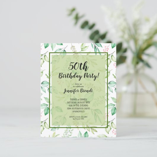 Budget Waterverf Groene Verjaardagsuitnodiging (Staand voorkant)
