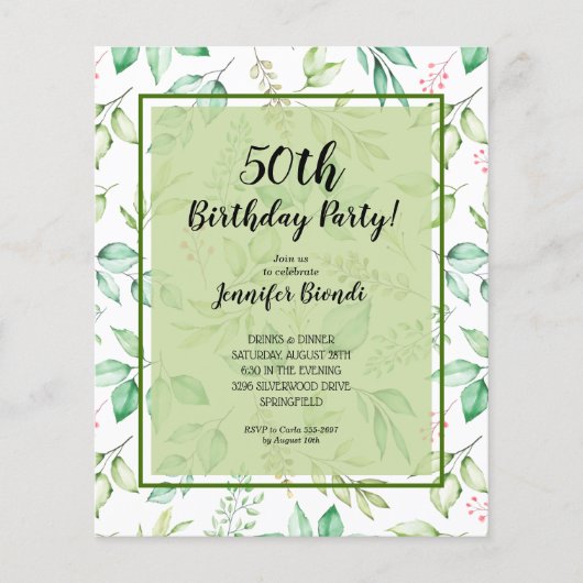 Budget Waterverf Groene Verjaardagsuitnodiging (Voorkant)