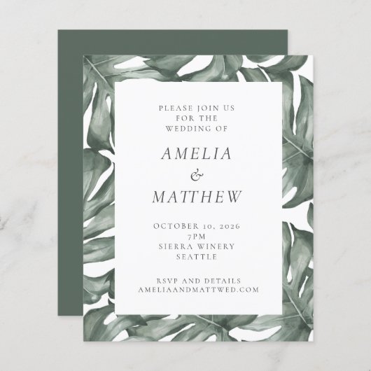 Budget Waterverf Monstera Green Wedding Invite (Voorkant / Achterkant)