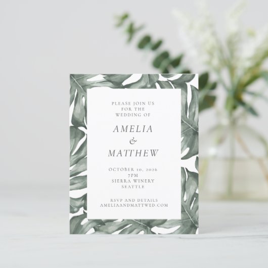 Budget Waterverf Monstera Green Wedding Invite (Staand voorkant)