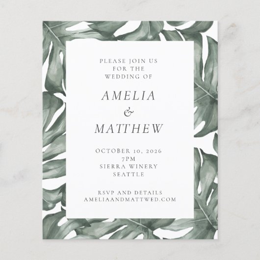 Budget Waterverf Monstera Green Wedding Invite (Voorkant)