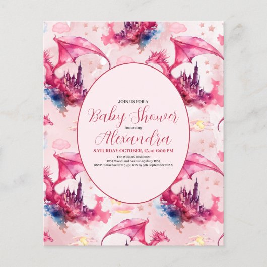 Budget Waterverf Pink Dragon Baby shower (Voorkant)