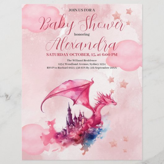 Budget Waterverf Pink Dragon Baby shower Flyer (Voorkant)